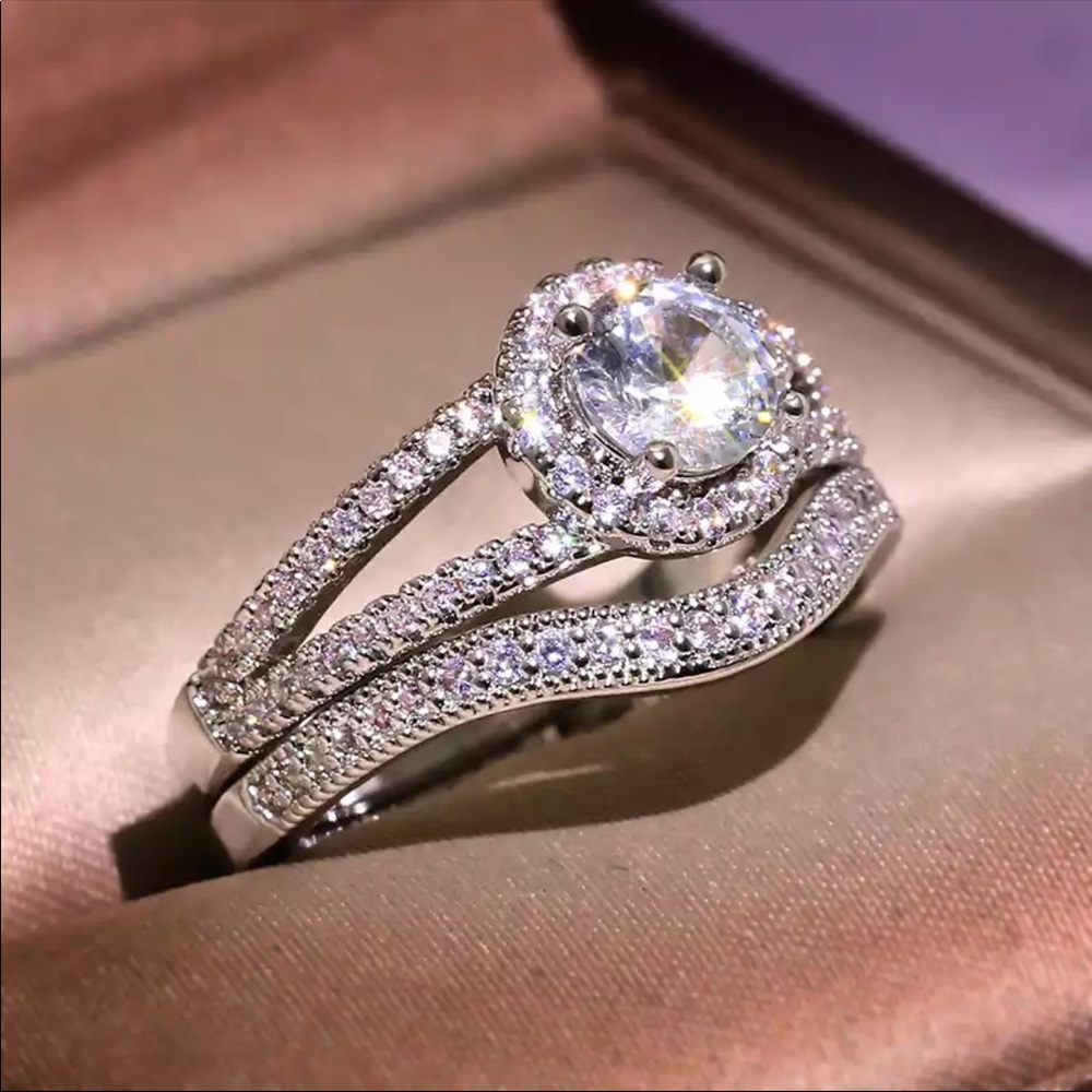 New 925 Silver 2Pcs/set Exquisite Crystal Zircon for Women Wedding Ring - Picture 2 of 5